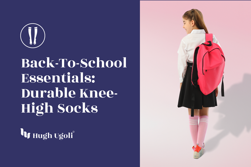 Back-to-school essentials featuring a young girl with a bright pink backpack, wearing a school uniform and pink knee-high socks with stripes.
