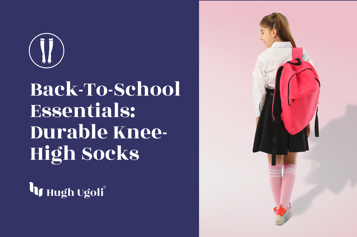Back-to-school essentials featuring a young girl with a bright pink backpack, wearing a school uniform and pink knee-high socks with stripes.