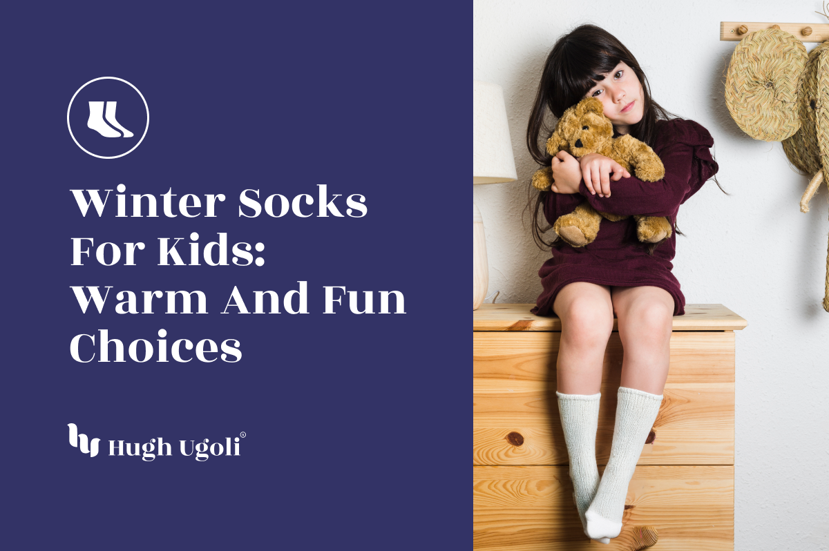 Young girl in cozy winter socks hugging a teddy bear, highlighting warmth and comfort for kids.