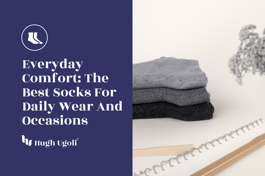 Stack of grey and black socks neatly folded on a table with a spiral notebook and decorative plant, illustrating everyday comfort and style for daily wear and occasions.