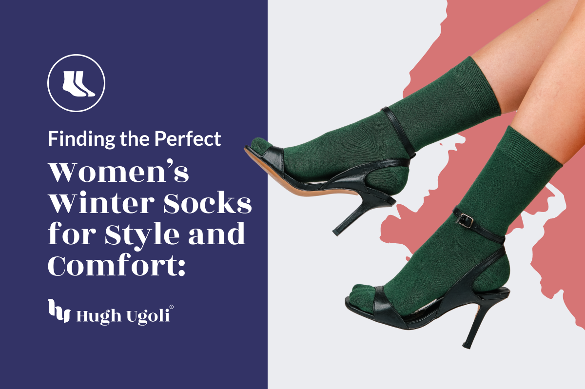 The image displays a pair of legs wearing dark green socks with black high-heeled sandals, alongside text about women's winter socks.