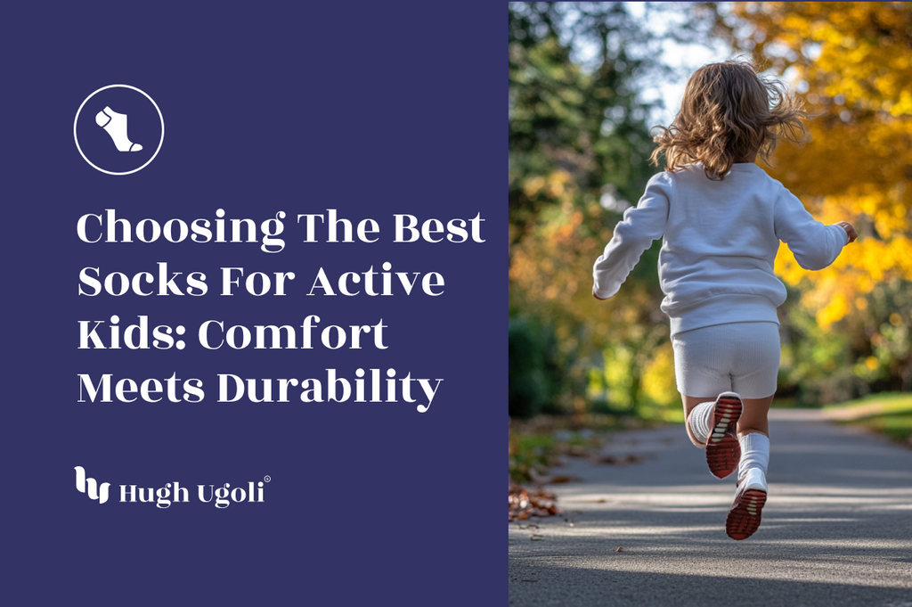 Child running outdoors in a park during autumn, wearing white socks and sneakers, capturing the essence of comfort and durability for active kids.