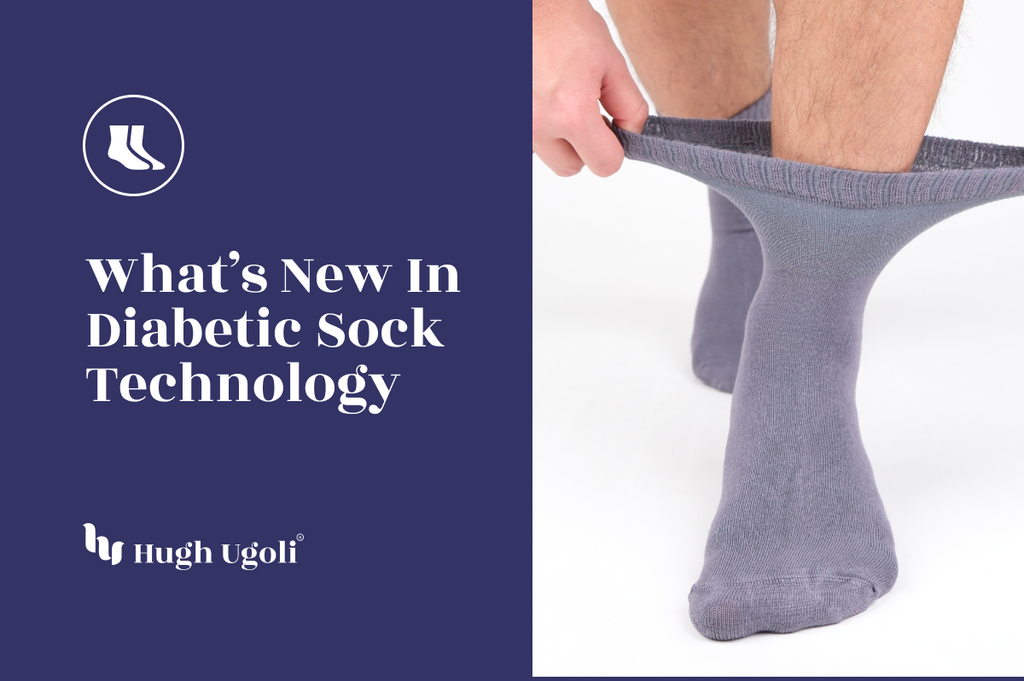 A person pulling on a grey Hugh Ugoli diabetic sock, highlighting advancements in diabetic sock technology.
