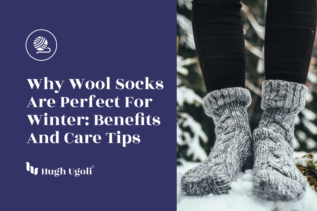 Close-up of feet wearing thick grey wool Hugh Ugoli socks in a snowy environment, showcasing warmth and comfort for winter.