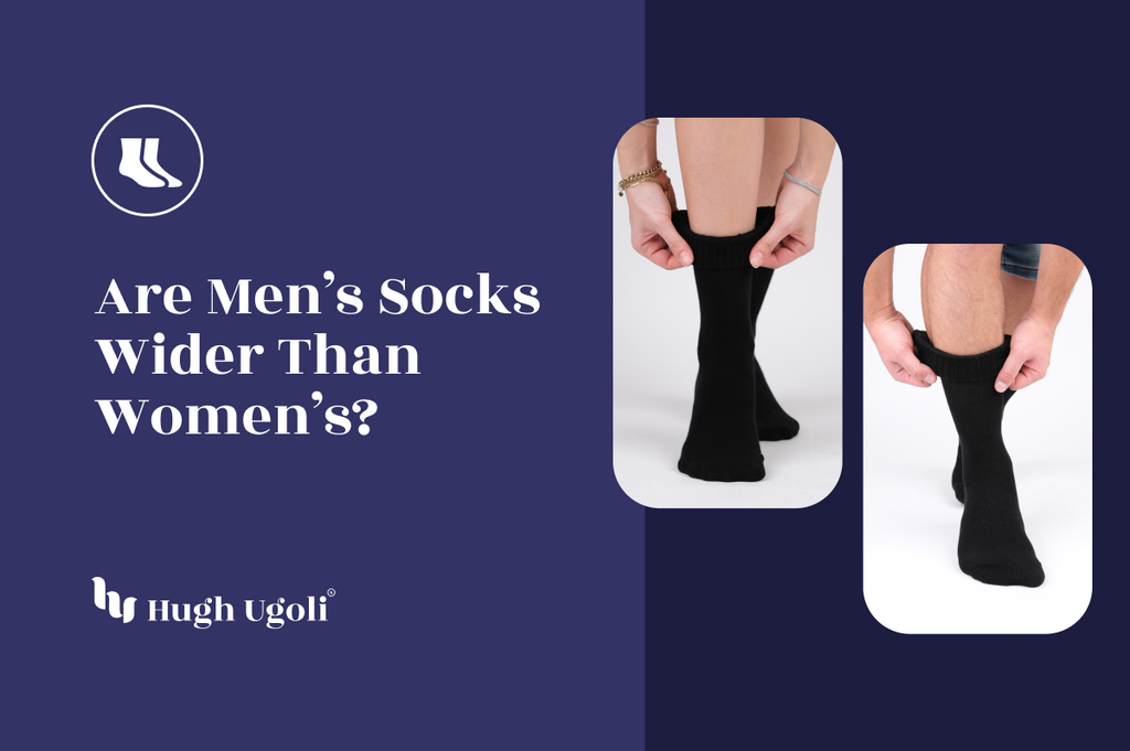 A pair of images comparing men's and women's black socks being worn, highlighting potential differences in width.