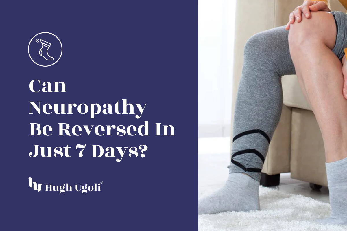 A person wearing gray compression socks, with a text overlay discussing neuropathy and potential for reversal in 7 days.