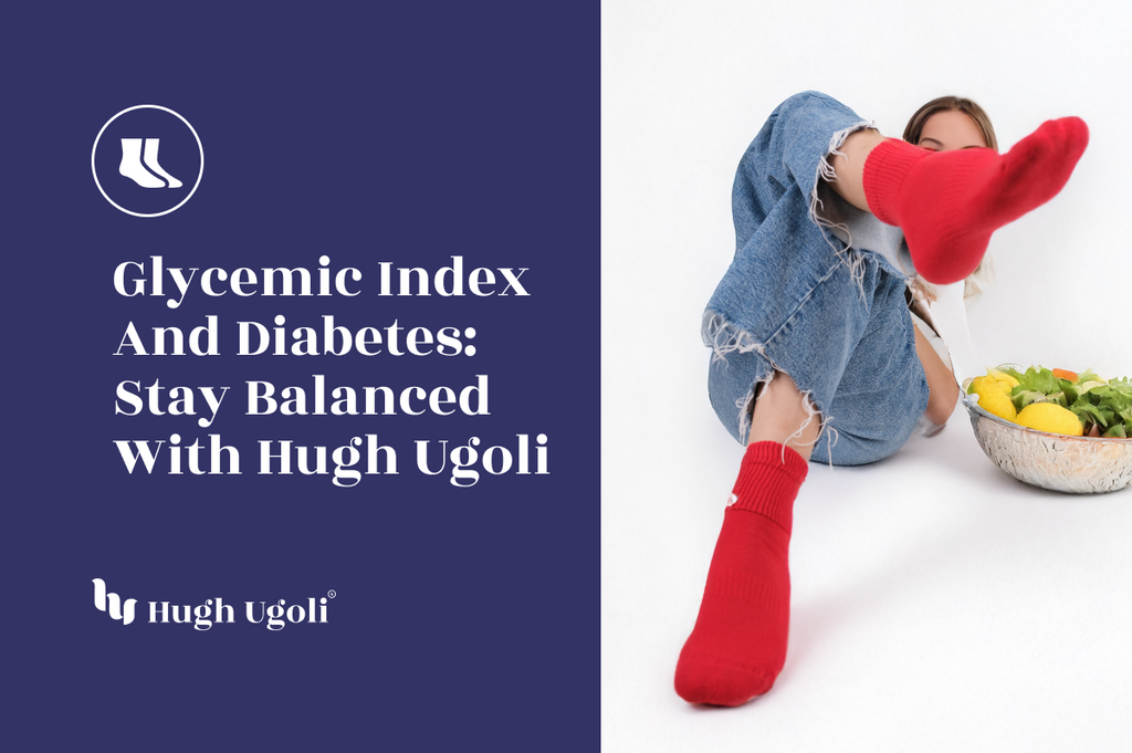 Bright red diabetic-friendly socks paired with a healthy bowl of greens emphasize balance and comfort with Hugh Ugoli.