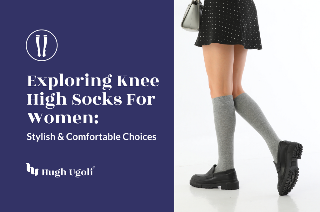Woman wearing grey Hugh Ugoli knee-high socks with a black skirt and black shoes, emphasizing stylish and comfortable choices for women.