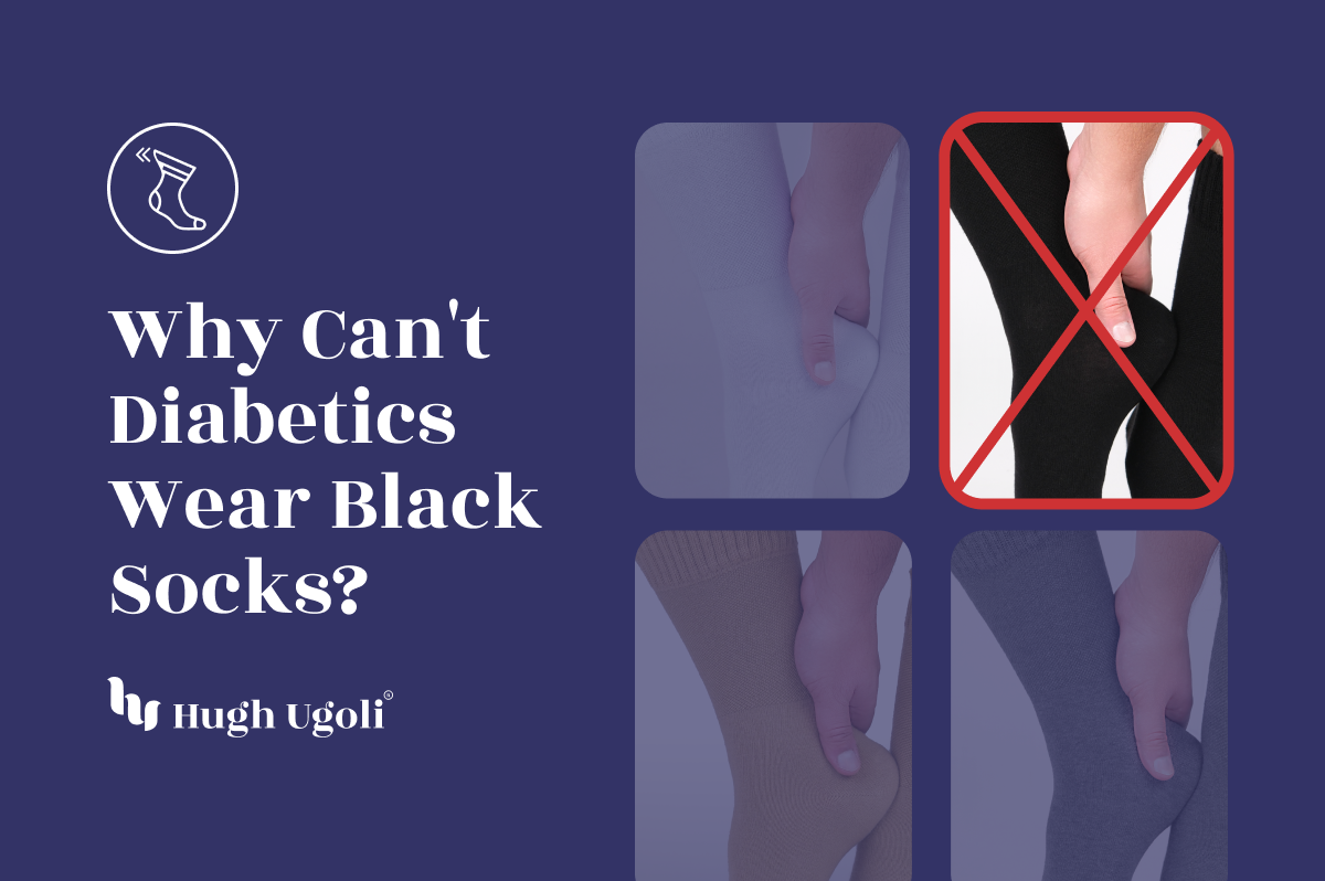 Health advisory visual titled "Why Can't Diabetics Wear Black Socks?" showing a red cross over a black sock, with alternative light-colored socks, by Hugh Ugoli.