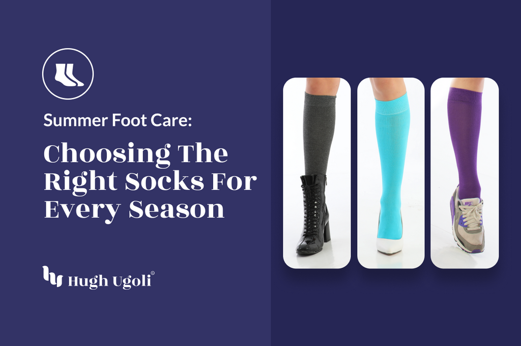 A display of Hugh Ugoli socks for different seasons: charcoal in boots for winter, aqua in heels for spring, and purple in sneakers for autumn, promoting optimal foot care year-round.