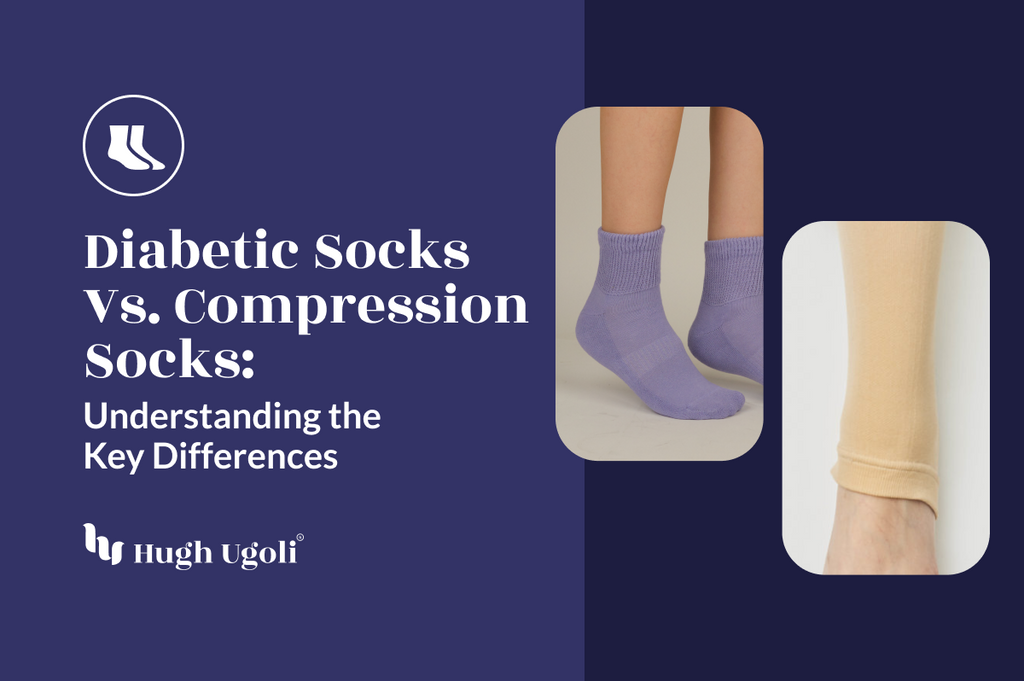 A comparison image featuring diabetic socks and compression socks, illustrating the key differences between the two types of socks. The Hugh Ugoli logo is prominently displayed.