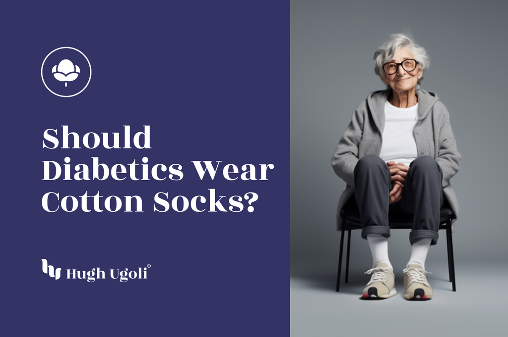 Health advisory image questioning "Should Diabetics Wear Cotton Socks?" featuring an elderly woman seated, wearing white socks and sneakers, by Hugh Ugoli.