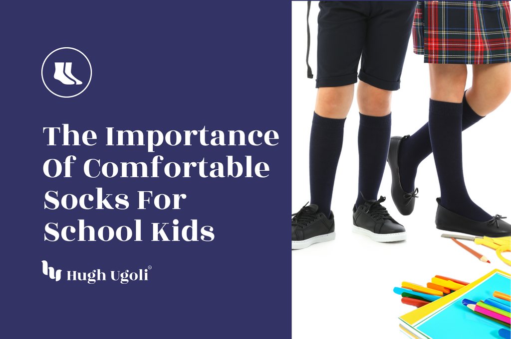 Two schoolchildren standing side by side, wearing black knee-high socks. One child is dressed in navy shorts, and the other is in a plaid skirt.