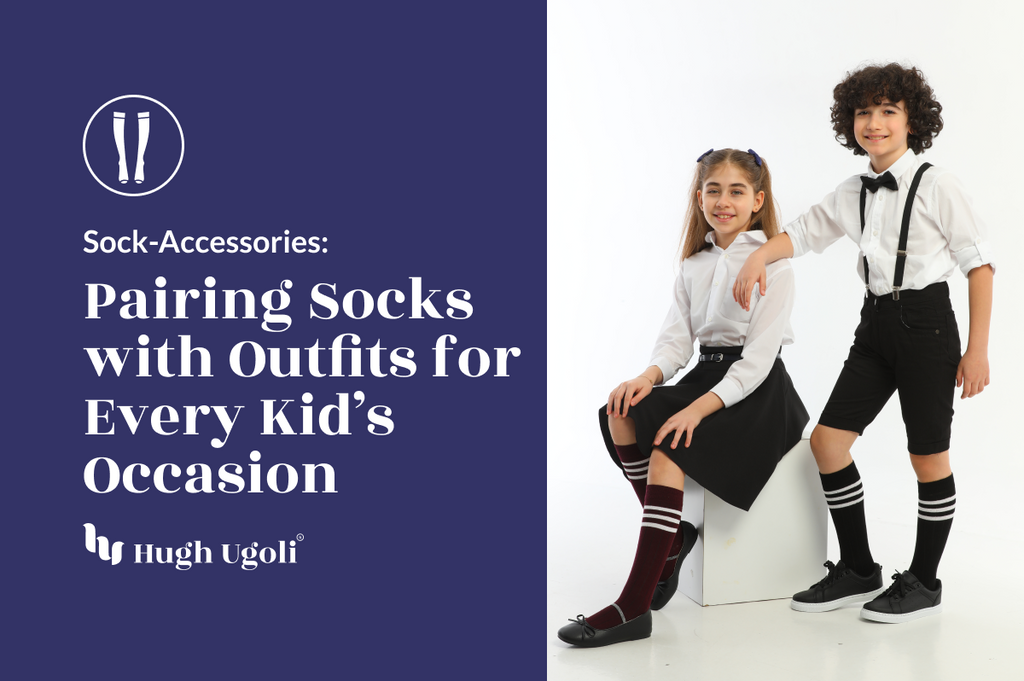 An image featuring two children dressed in smart white shirts, with the girl wearing a skirt and knee-high socks, and the boy in shorts with mid-calf socks, both in classic black and white colors.