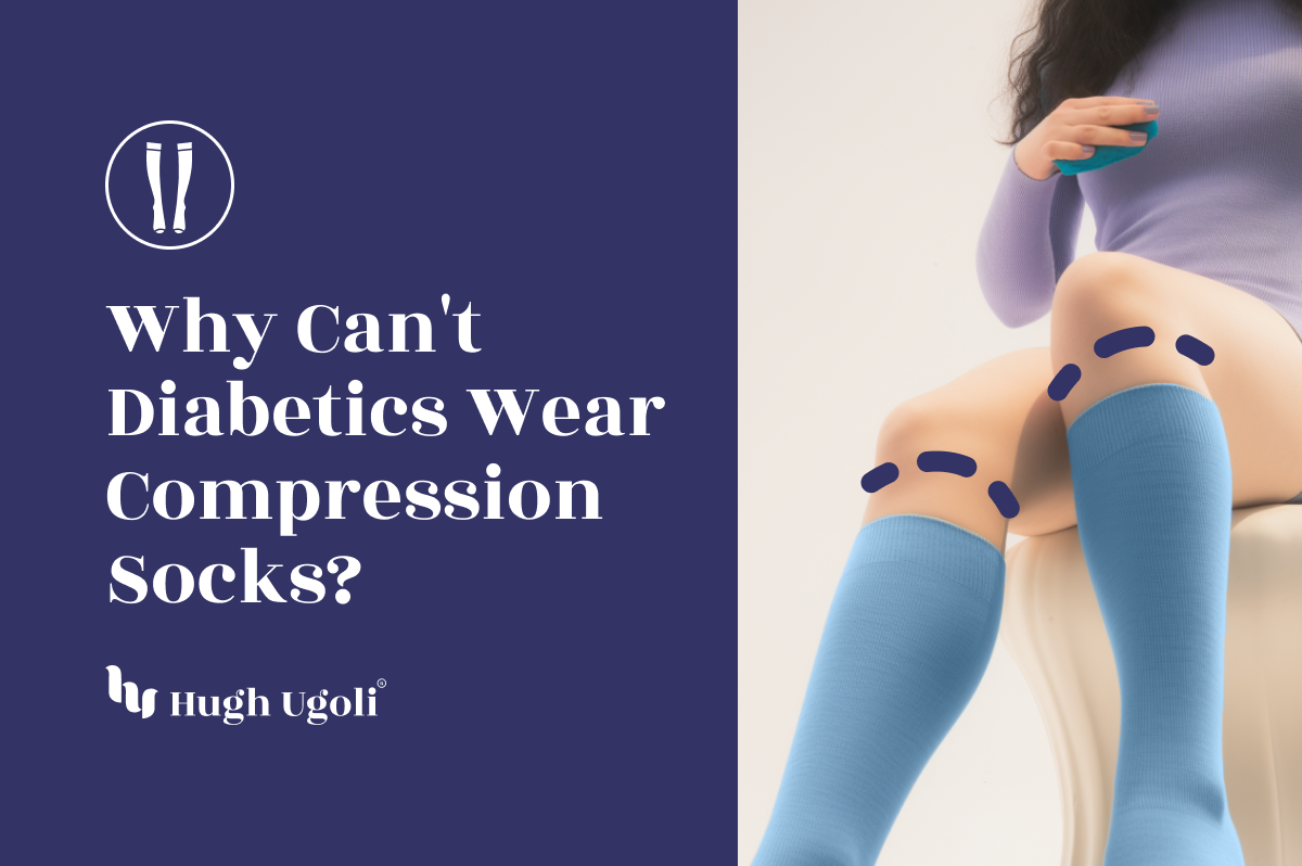 Health query "Why Can't Diabetics Wear Compression Socks?" with a person in blue knee-high socks, by Hugh Ugoli.