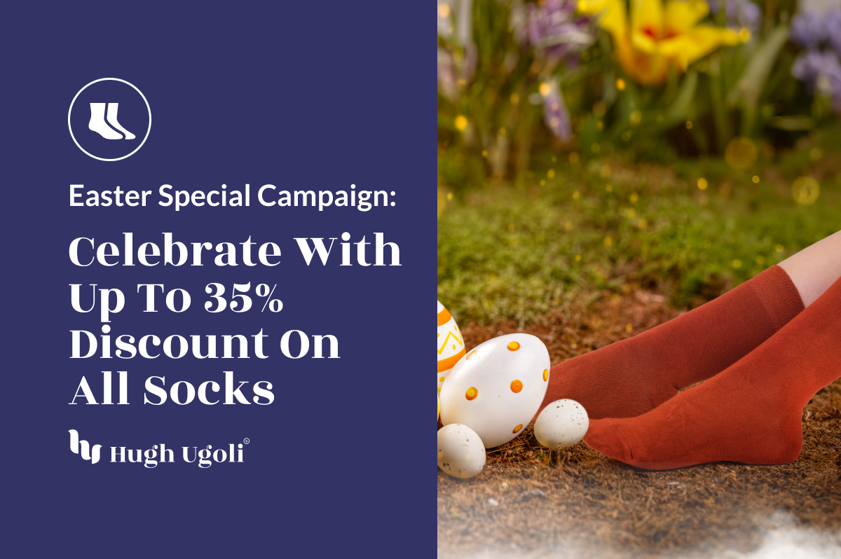 A pair of burnt orange socks casually draped over crossed legs, surrounded by the vibrant colors of spring and Easter-themed decor, highlighting a seasonal promotion.