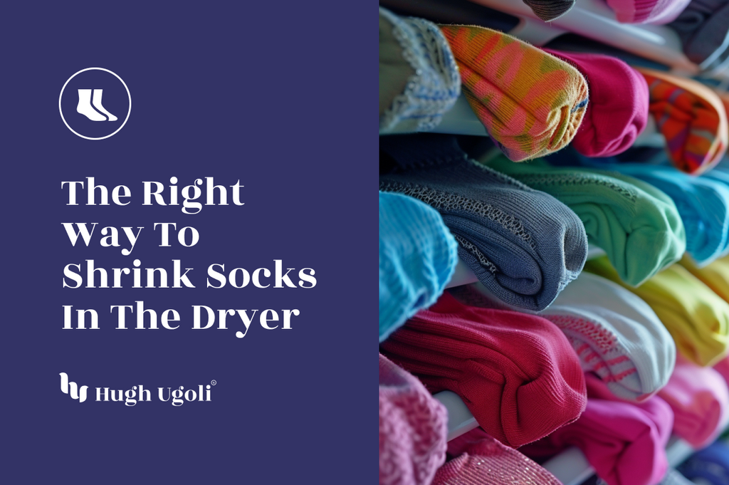 A variety of colorful socks neatly folded and stacked in a drawer, illustrating the right way to shrink socks in the dryer.