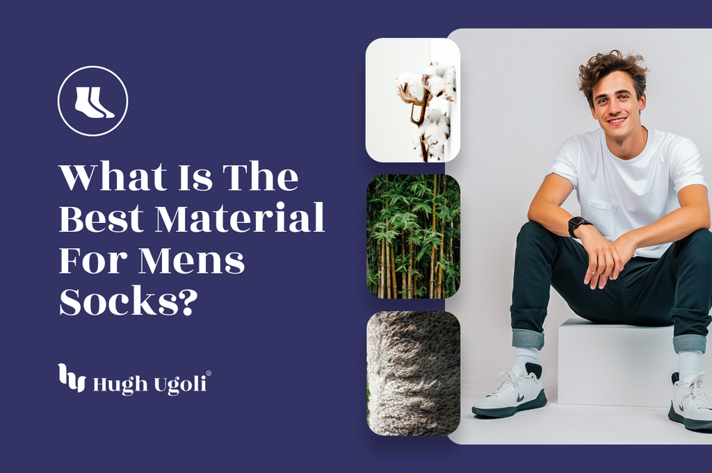 Editorial image posing the question "What Is The Best Material For Men's Socks?" featuring a young man seated, with insets of cotton, bamboo, and wool textures, by Hugh Ugoli.
