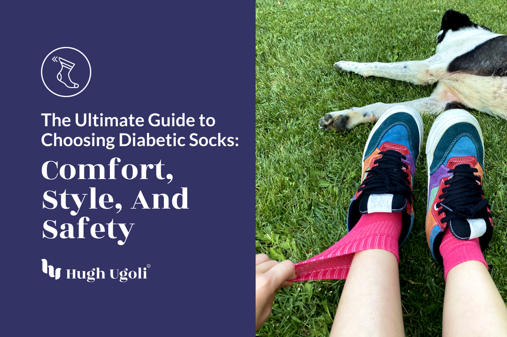 The image shows a guide on choosing diabetic socks, highlighting comfort, style, and safety, with a person wearing pink socks and colorful sneakers, alongside a resting dog on grass.