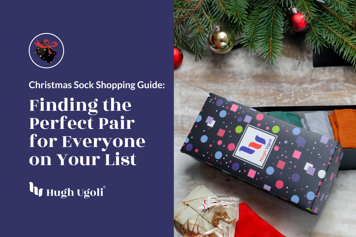 A box of colorful socks with Christmas decorations and a holiday shopping guide title.