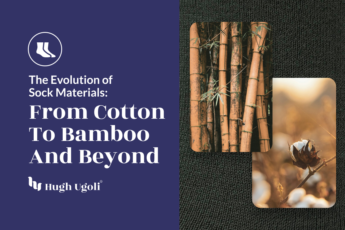 Promotional image showcasing Hugh Ugoli socks with a focus on eco-friendly bamboo material, indicated by bamboo imagery.