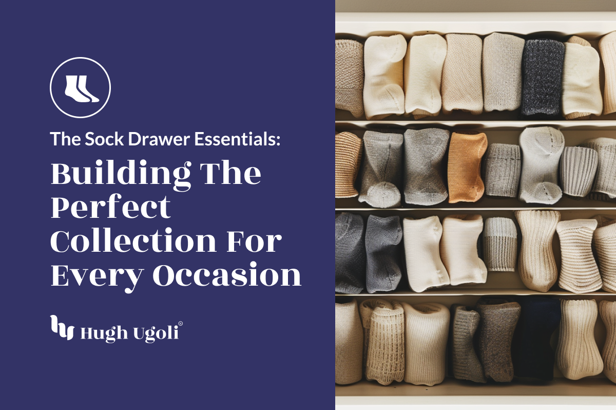 A variety of Hugh Ugoli socks neatly organized in a drawer, showcasing a collection suitable for every occasion, from casual to formal wear.