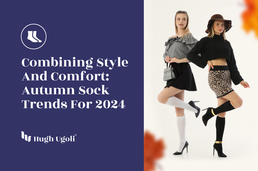 Two women showcasing autumn sock trends for 2024, styled with knee-high socks and fashionable outfits.