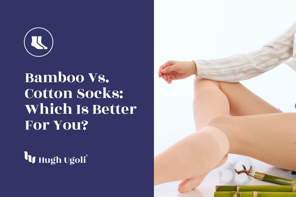 Person wearing beige socks sitting on the floor, with bamboo sticks and cotton plants in the foreground, illustrating the comparison between bamboo and cotton socks.