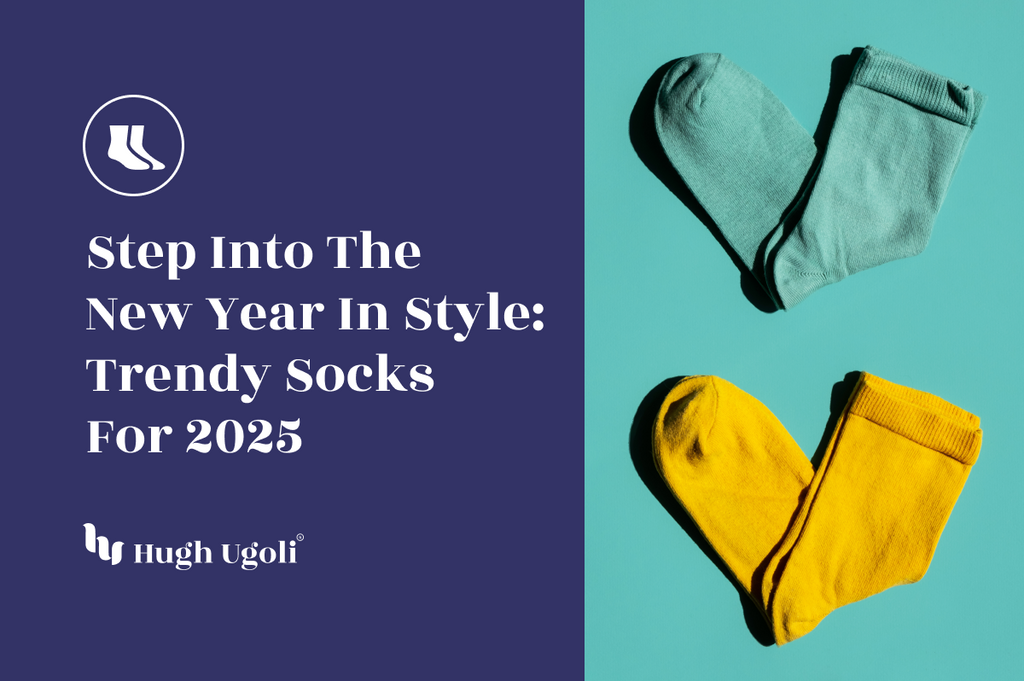 A playful arrangement of pastel blue and yellow socks on a turquoise background, symbolizing fresh style for the New Year 2025.