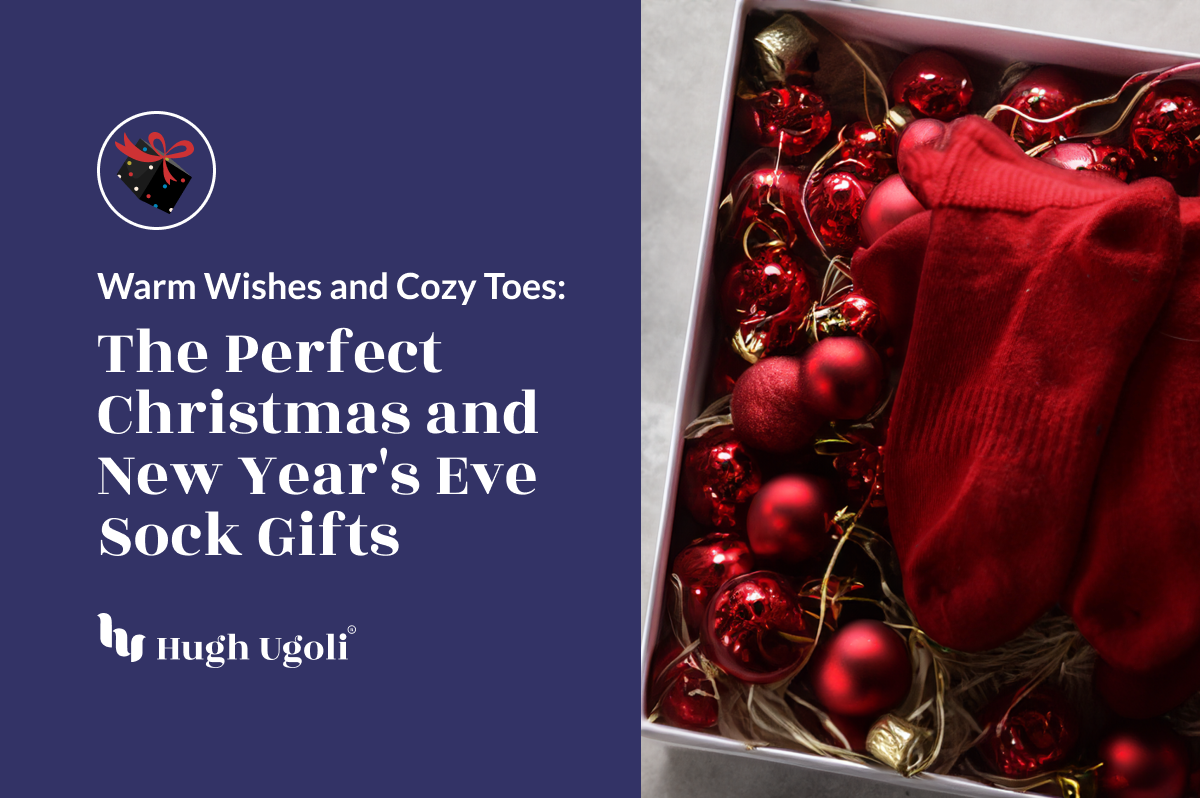 Red socks in a box with Christmas ornaments, next to festive gift guide text.