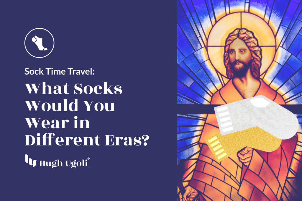 The image displays a graphic with text "Sock Time Travel: What Socks Would You Wear in Different Eras?" by Hugh Ugoli, alongside a stained glass image of Jesus.