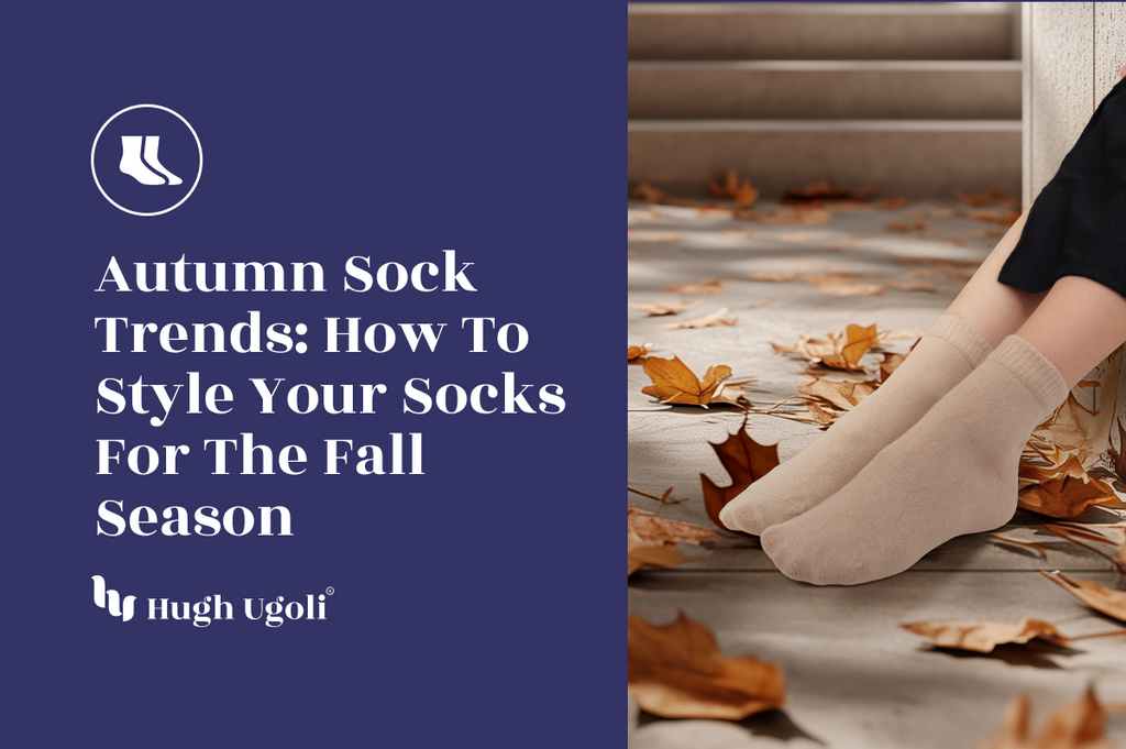 Person wearing beige socks surrounded by autumn leaves, showcasing cozy fall sock styling.