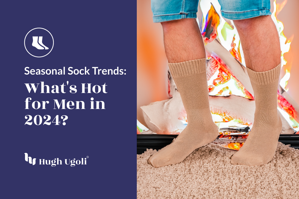 The image shows a man standing in front of a fire, wearing beige socks and denim shorts, with text about seasonal sock trends for men in 2024.