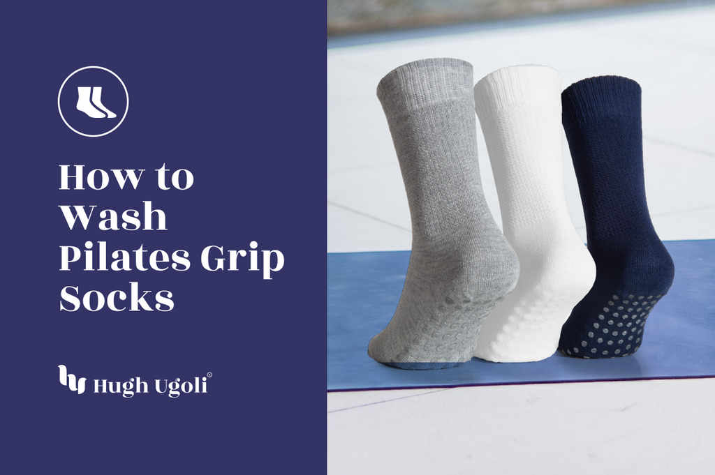 The image showcases three pairs of Pilates grip socks in gray, white, and navy blue, with instructions on how to wash them.