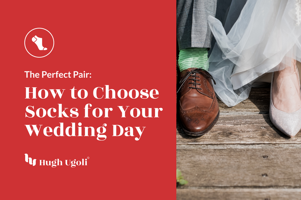 The image portrays a book or article cover centered around the theme of choosing socks for a wedding day. The backdrop is a bold red color, which gives prominence to the white title text, 'The Perfect Pair: How to Choose Socks for Your Wedding Day.