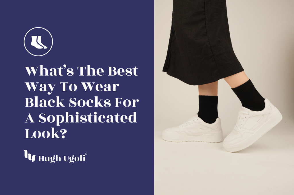 A person wearing black socks and white sneakers, paired with a black skirt, creating a sophisticated and modern look.