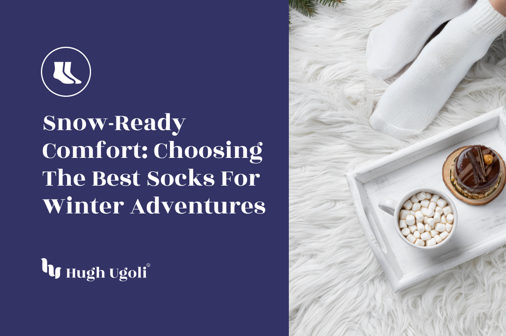 Cozy winter setting featuring white socks on a fluffy rug, with a tray holding a cup of hot chocolate topped with marshmallows and a decadent dessert, perfect for a snowy day indoors.