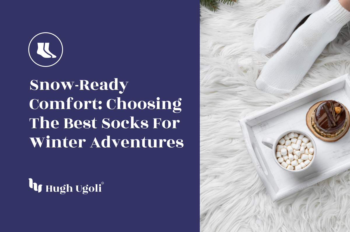Cozy winter setting featuring white socks on a fluffy rug, with a tray holding a cup of hot chocolate topped with marshmallows and a decadent dessert, perfect for a snowy day indoors.