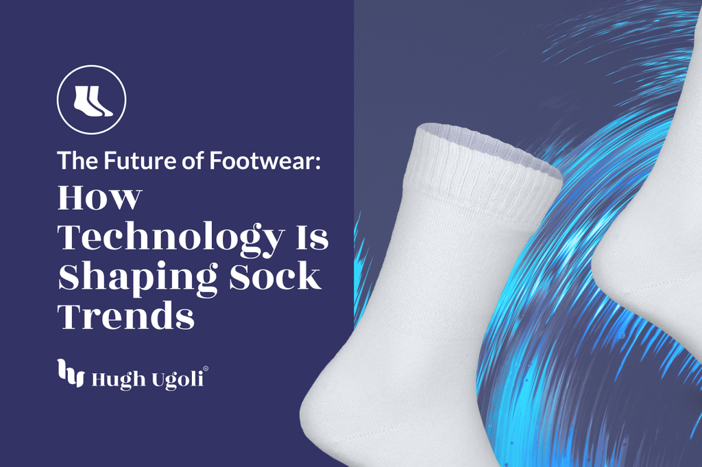 The image features a close-up view of white crew socks against a swirling blue digital background, with text overlay stating "The Future of Footwear: How Technology Is Shaping Sock Trends" by Hugh Ugoli.