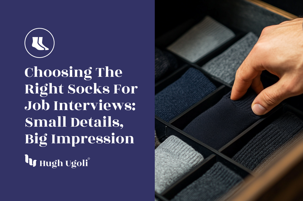 A hand selecting a dark pair of socks from a neatly organized drawer, emphasizing smart choices for job interviews.
