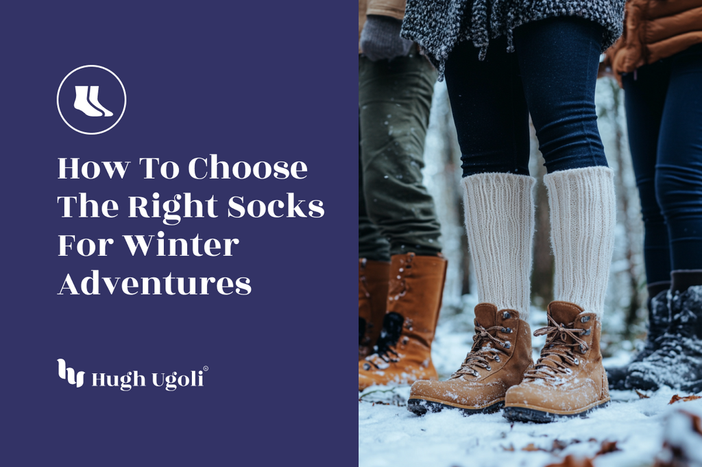 Cozy winter boots paired with thick, knitted socks in a snowy forest setting, perfect for cold-weather adventures.