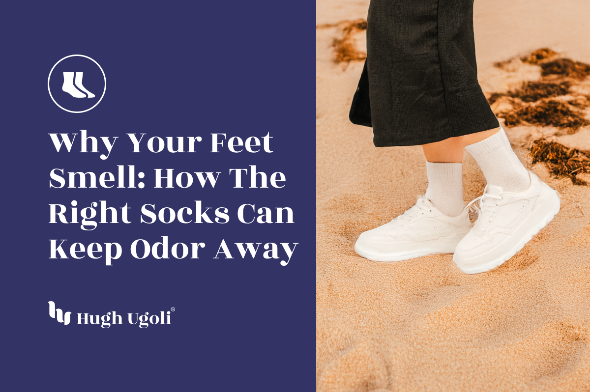 Person wearing fresh white crew socks and white sneakers on the beach, illustrating how breathable socks help prevent foot odor.
