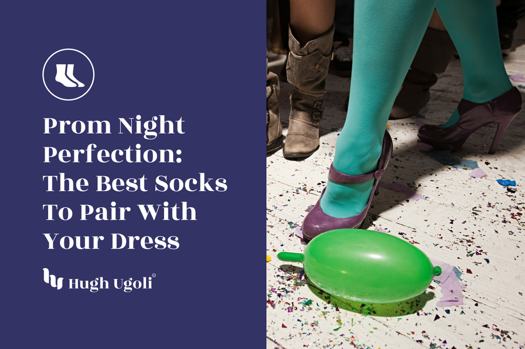 Close-up of colorful teal tights paired with purple heels and rustic boots on a confetti-covered dance floor with a green balloon, symbolizing prom night fun.