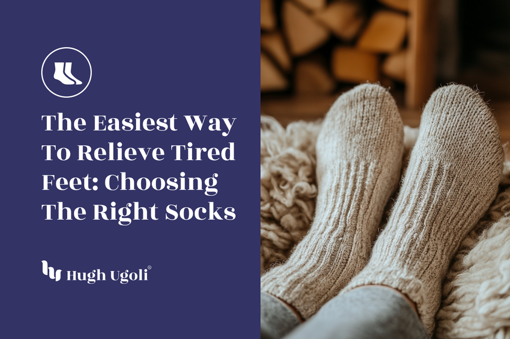 Cozy feet wrapped in chunky knit wool socks resting on a soft textured blanket, with stacked firewood in the background, creating a warm and comforting atmosphere.