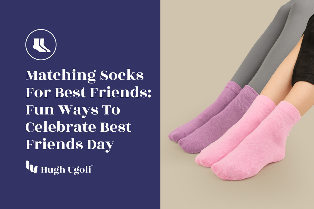 Three pairs of legs wearing coordinating pastel socks in pink, lavender, and gray tones — celebrating friendship with matching socks for Best Friends Day