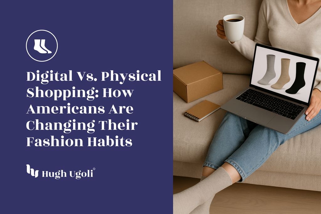 Woman wearing beige socks while shopping online for socks on a laptop, surrounded by packaging boxes — illustrating the shift from physical to digital fashion retail.