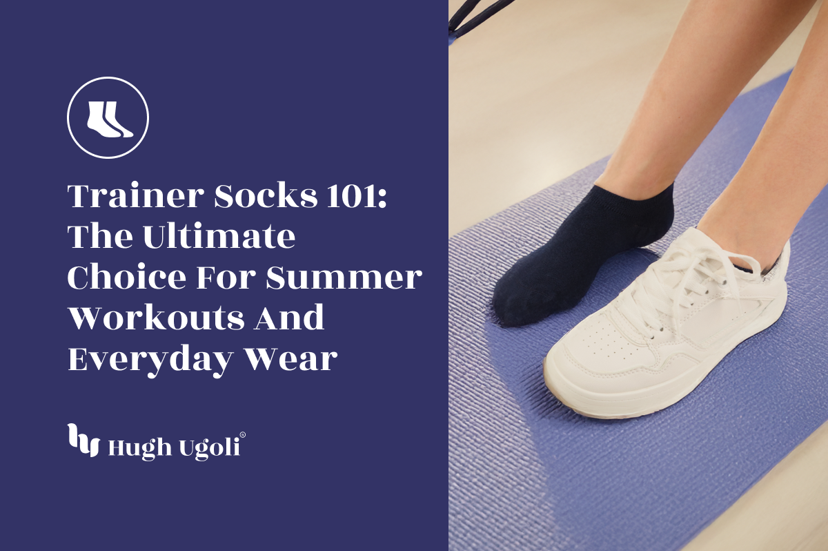 Close-up of feet wearing black trainer socks and white sneakers on a yoga mat, highlighting comfort and versatility for summer workouts and daily wear.