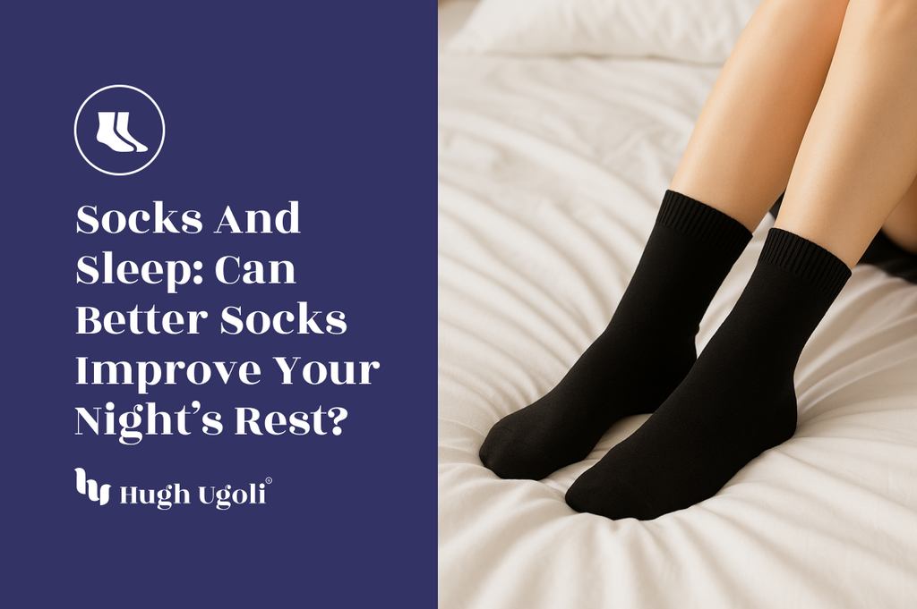 Woman wearing black socks while sitting on a cozy white bed, highlighting the role of comfortable socks in promoting better sleep.
