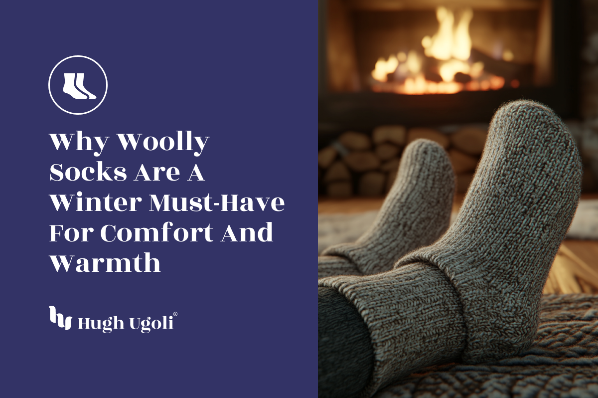 Cozy woolly socks keeping feet warm by a glowing fireplace, evoking winter comfort and relaxation in a rustic setting.