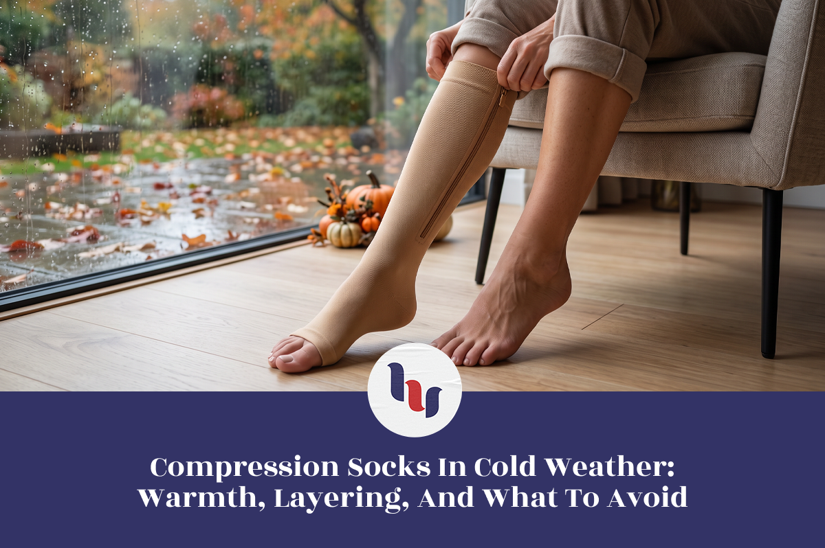 Person putting on beige knee-high zippered compression socks beside a rainy autumn window